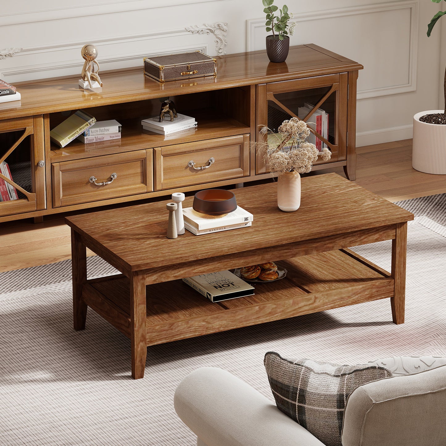 Farmhouse Coffee Table Rustic Cocktail Center Table with Thickened Tabletop-Walnue