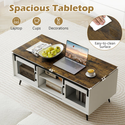Farmhouse Coffee Table with Sliding Doors and Adjustable Shelf