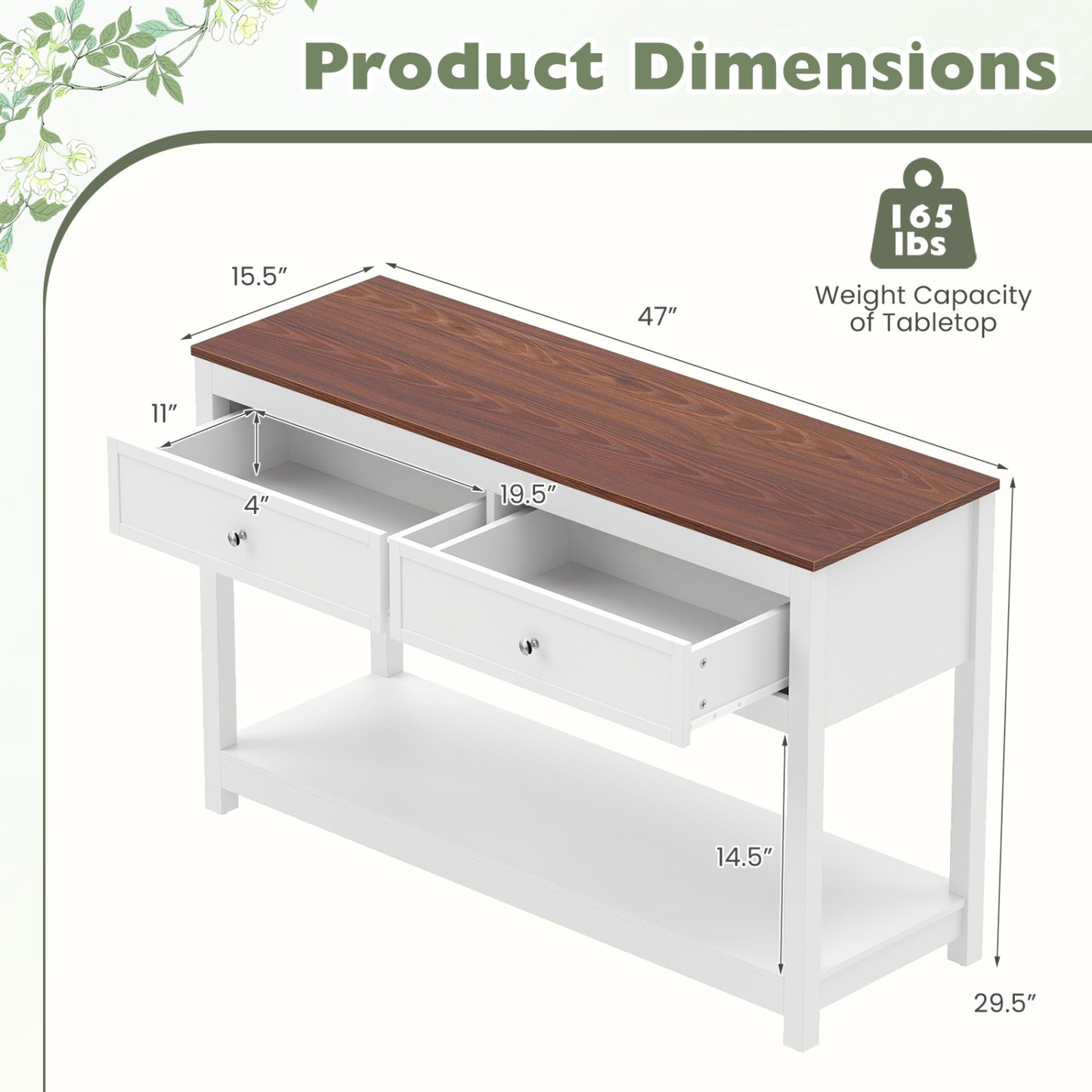 Console Table with 2 Drawers and Open Storage Shelf
