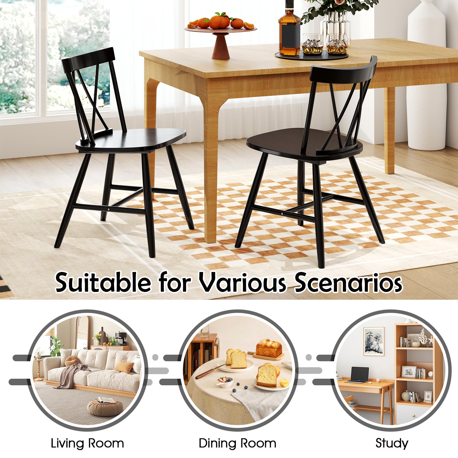 Farmhouse Kitchen Dining Chair Set of 2 with Rubber Wood Frame-Black