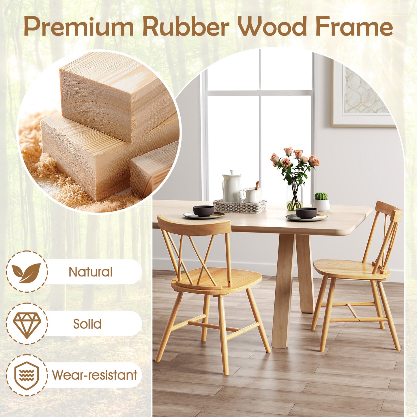 Farmhouse Kitchen Dining Chair Set of 2 with Rubber Wood Frame-Natural