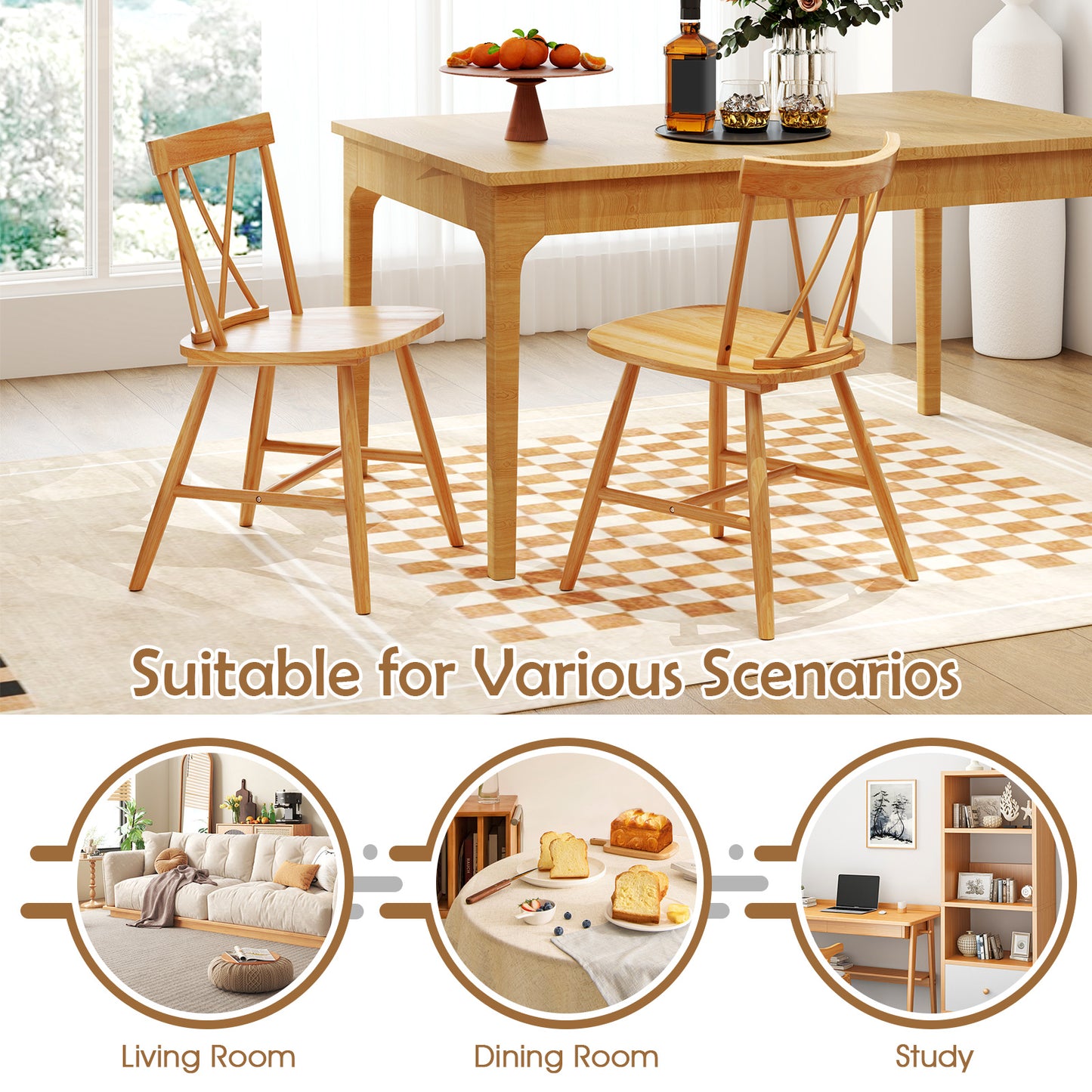 Farmhouse Kitchen Dining Chair Set of 2 with Rubber Wood Frame-Natural