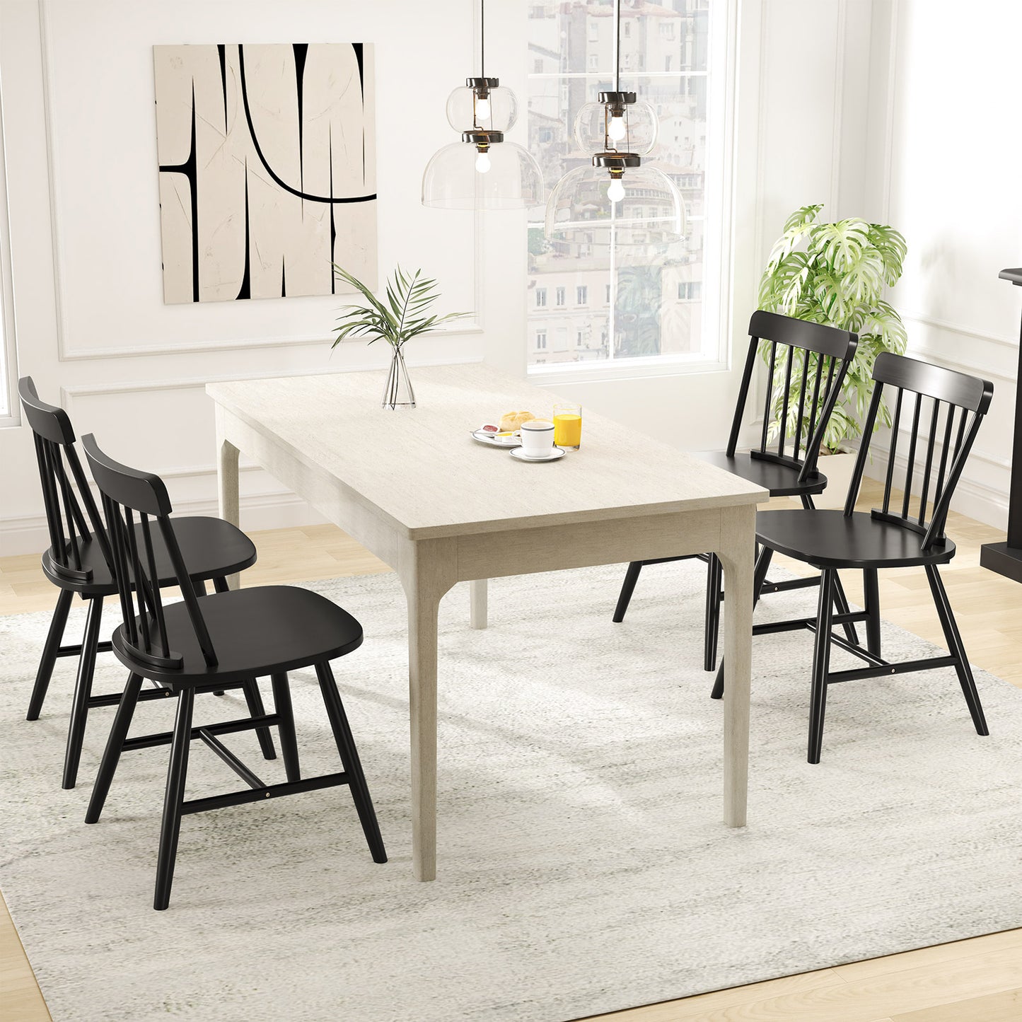 Farmhouse Kitchen Chair Set of 2 with Rubber Wood Frame-Black