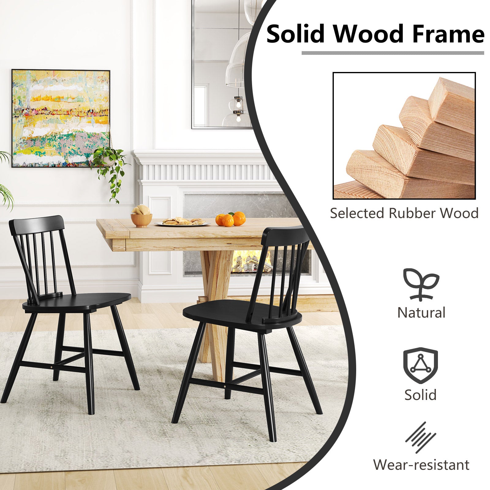 Farmhouse Kitchen Chair Set of 2 with Rubber Wood Frame-Black
