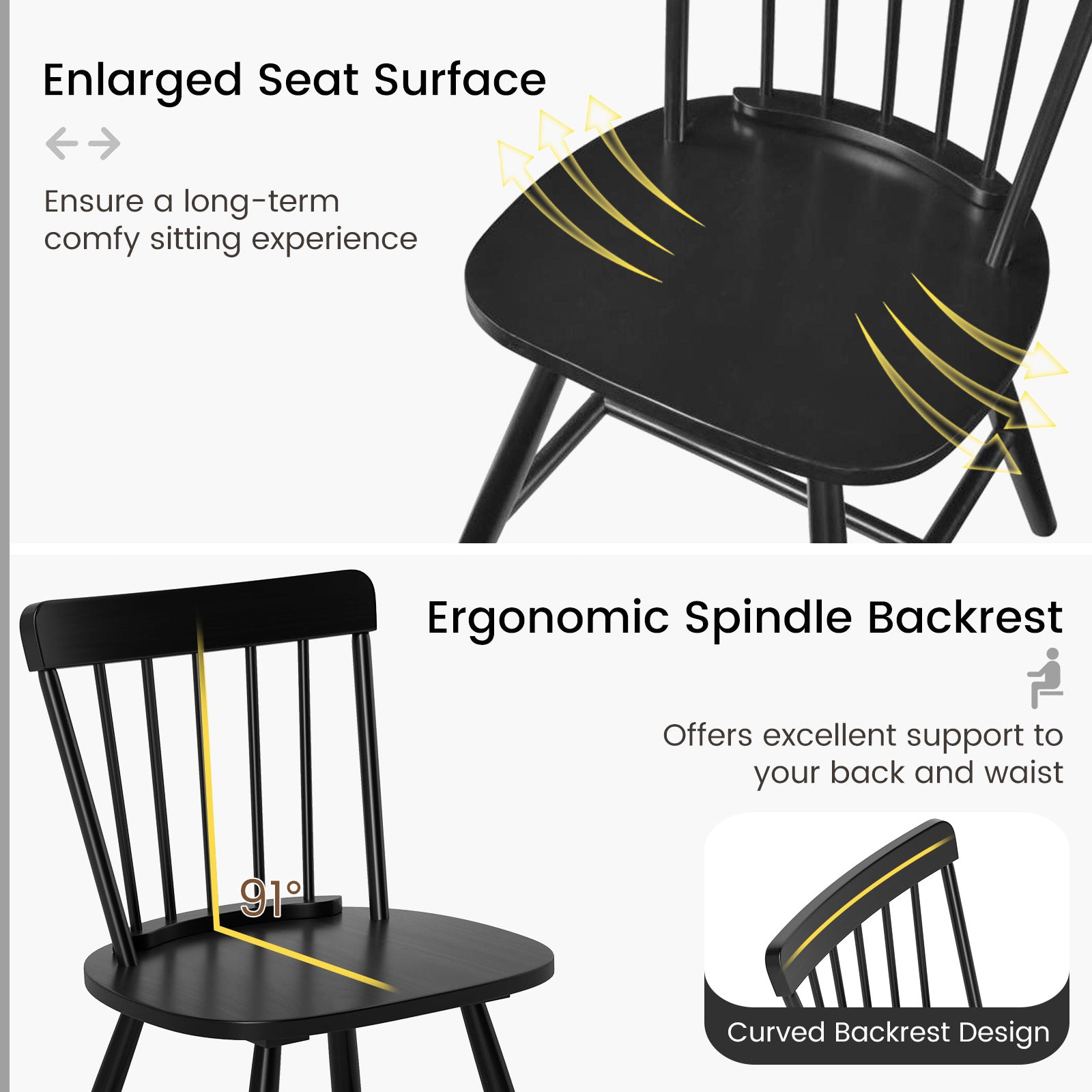 Farmhouse Kitchen Chair Set of 2 with Rubber Wood Frame-Black