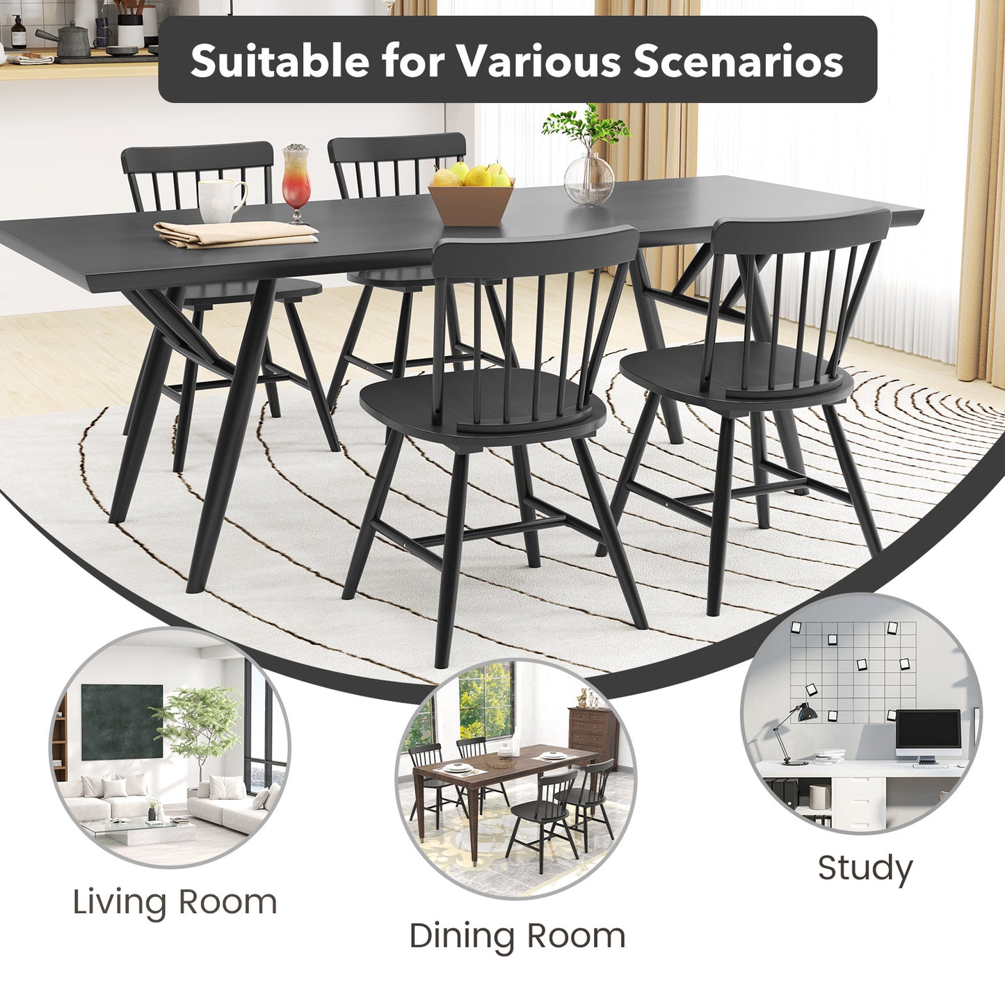 Farmhouse Kitchen Chair Set of 2 with Rubber Wood Frame-Black