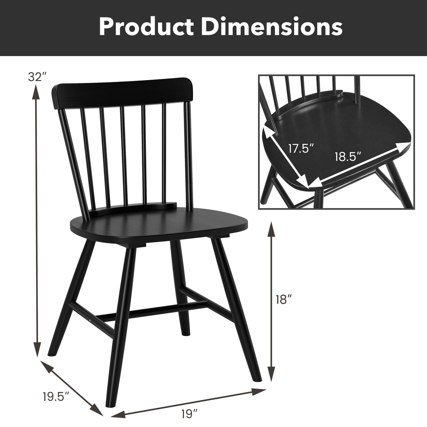 Farmhouse Kitchen Chair Set of 2 with Rubber Wood Frame-Black