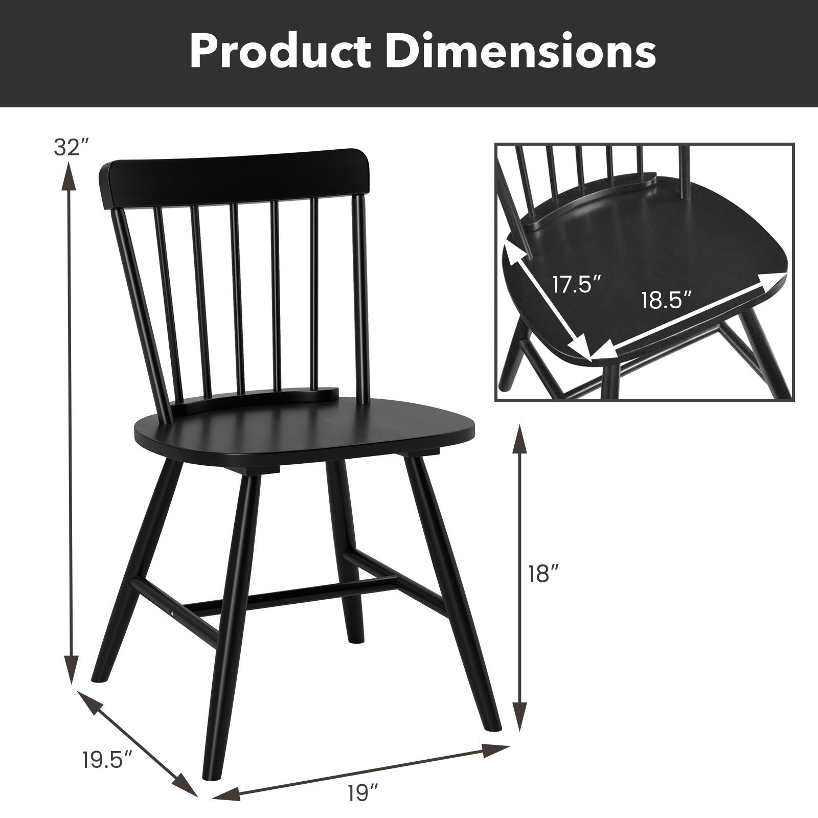 Farmhouse Kitchen Chair Set of 2 with Rubber Wood Frame-Black