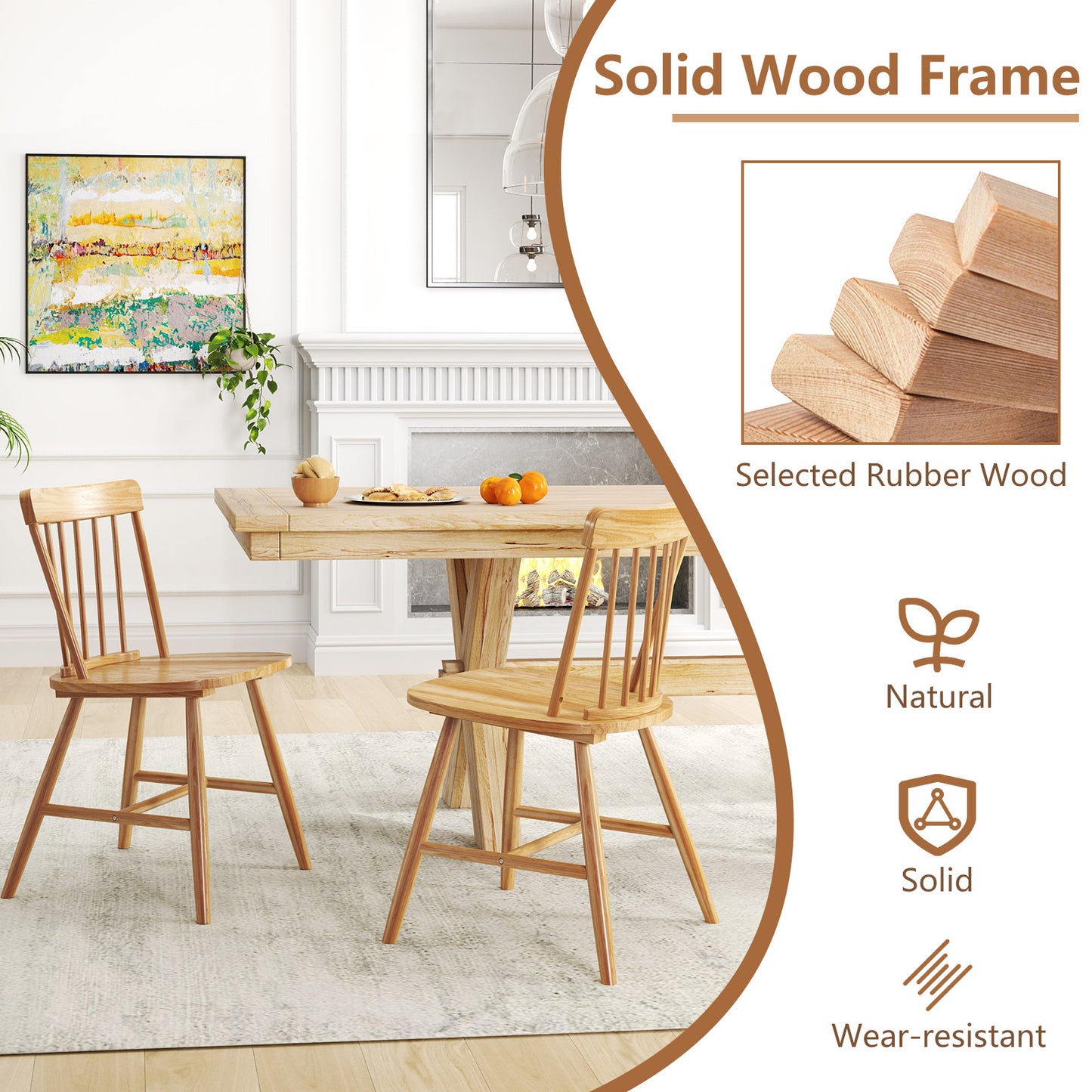 Farmhouse Kitchen Chair Set of 2 with Rubber Wood Frame-Natural