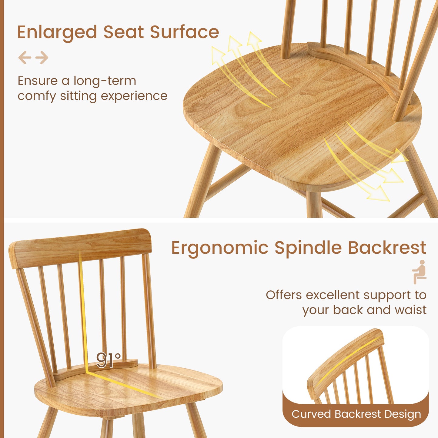 Farmhouse Kitchen Chair Set of 2 with Rubber Wood Frame-Natural
