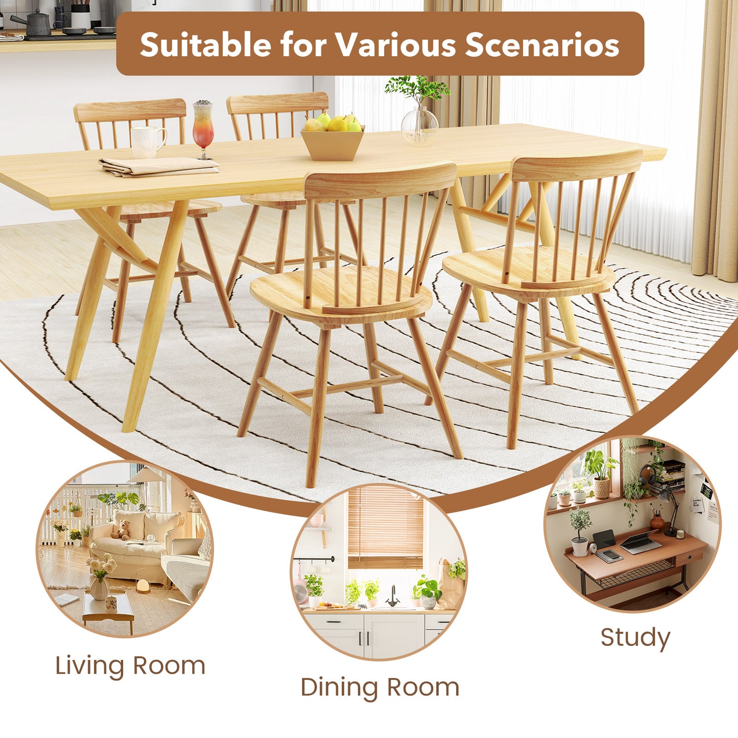Farmhouse Kitchen Chair Set of 2 with Rubber Wood Frame-Natural