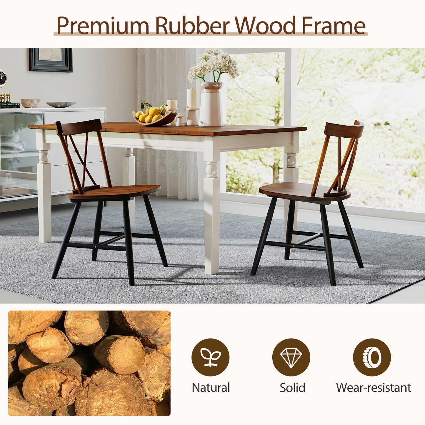 Farmhouse Kitchen Dining Chair Set of 2 with Rubber Wood Frame-Dark Brown