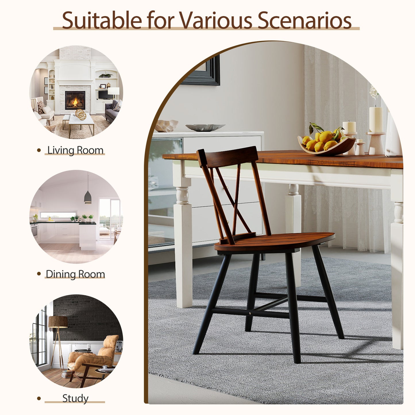 Farmhouse Kitchen Dining Chair Set of 2 with Rubber Wood Frame-Dark Brown