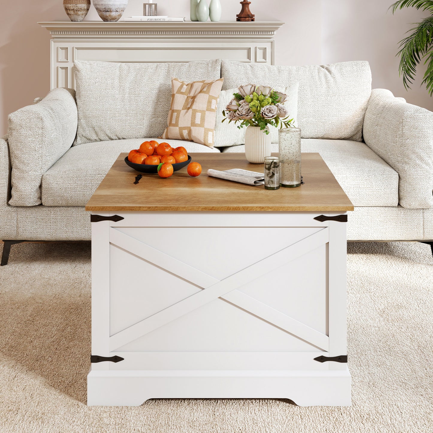 Farmhouse Lift Top Coffee Table with Hidden Storage Compartment-Brown