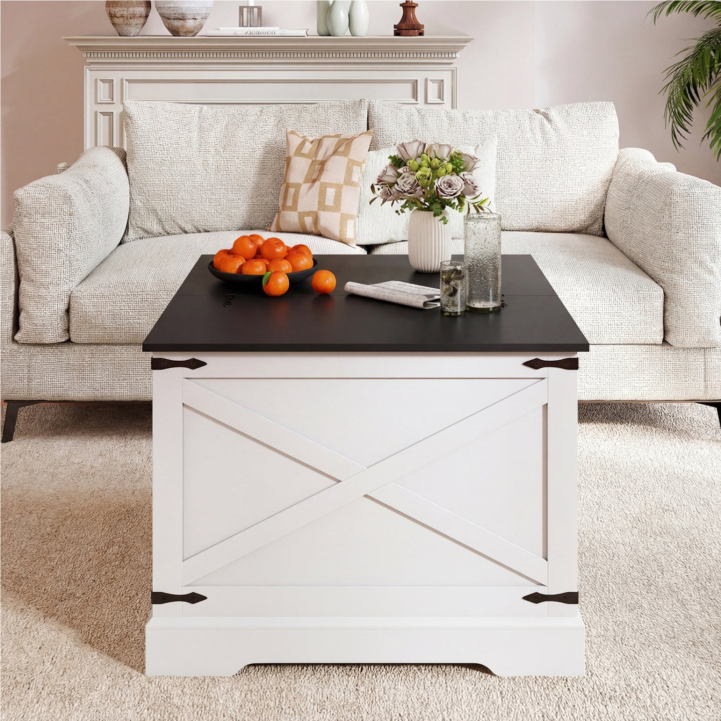 Farmhouse Lift Top Coffee Table with Hidden Storage Compartment-Black