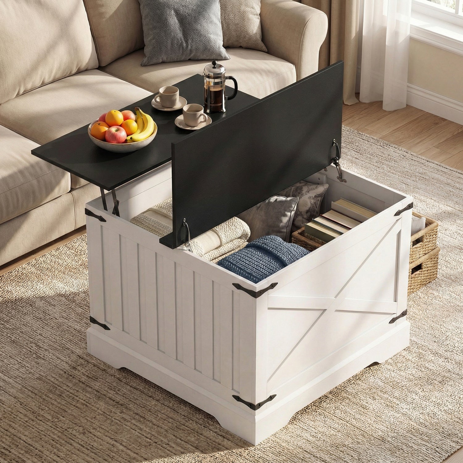 Farmhouse Lift Top Coffee Table with Hidden Storage Compartment-Black