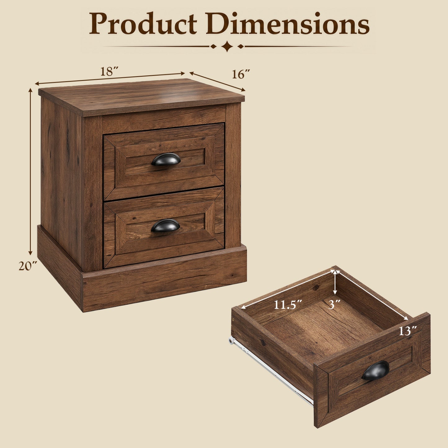 2-Drawer Nightstand with Storage - Farmhouse Brown Finish