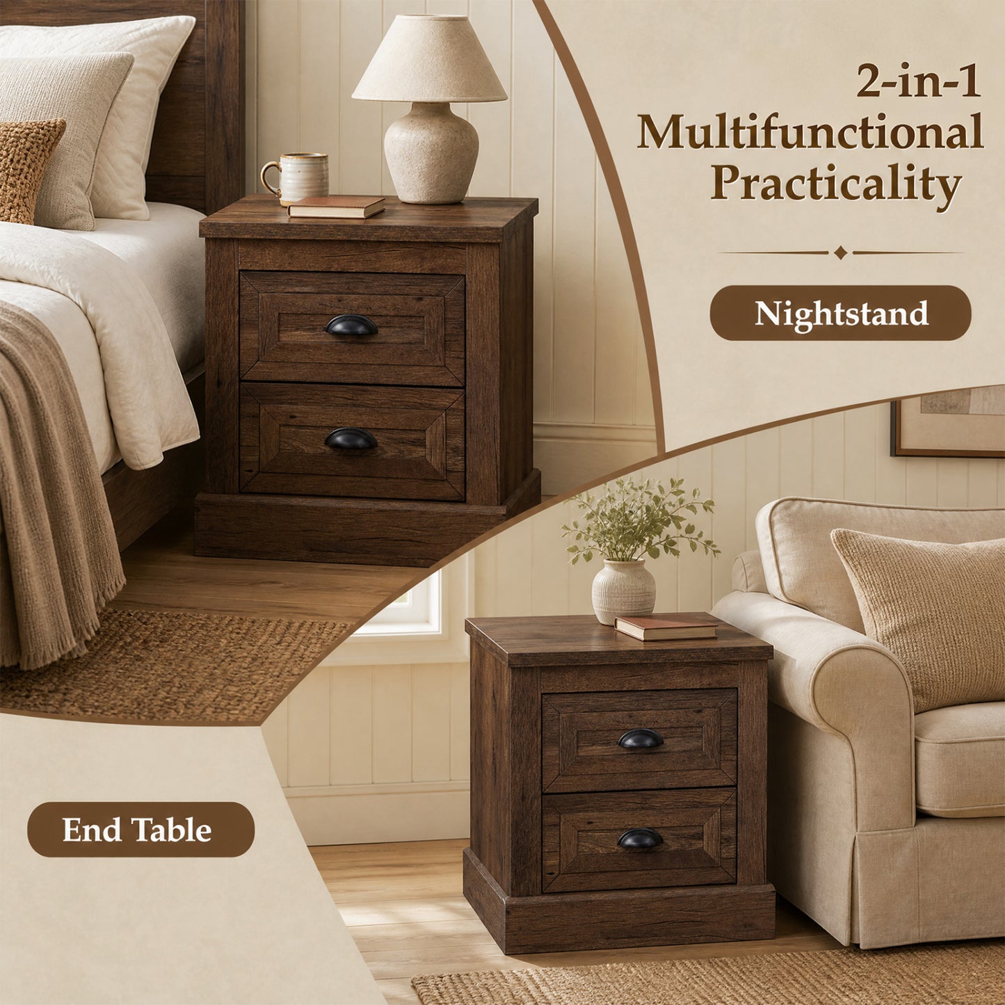 2-Drawer Nightstand with Storage - Farmhouse Brown Finish