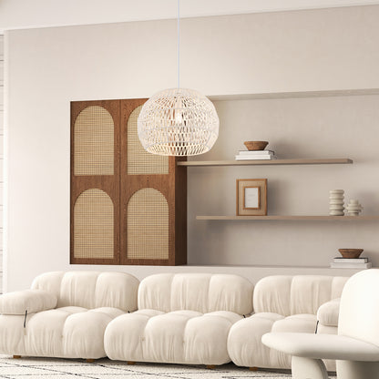 Round Farmhouse Rattan Pendant Lights with Adjustable Hanging Rope-Beige