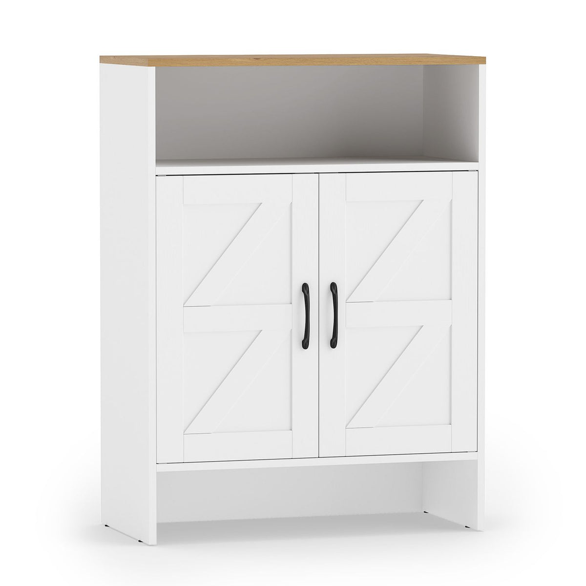 Farmhouse Shoe Cabinet with 2 Barn Doors and Open Shelf for Entryway-White