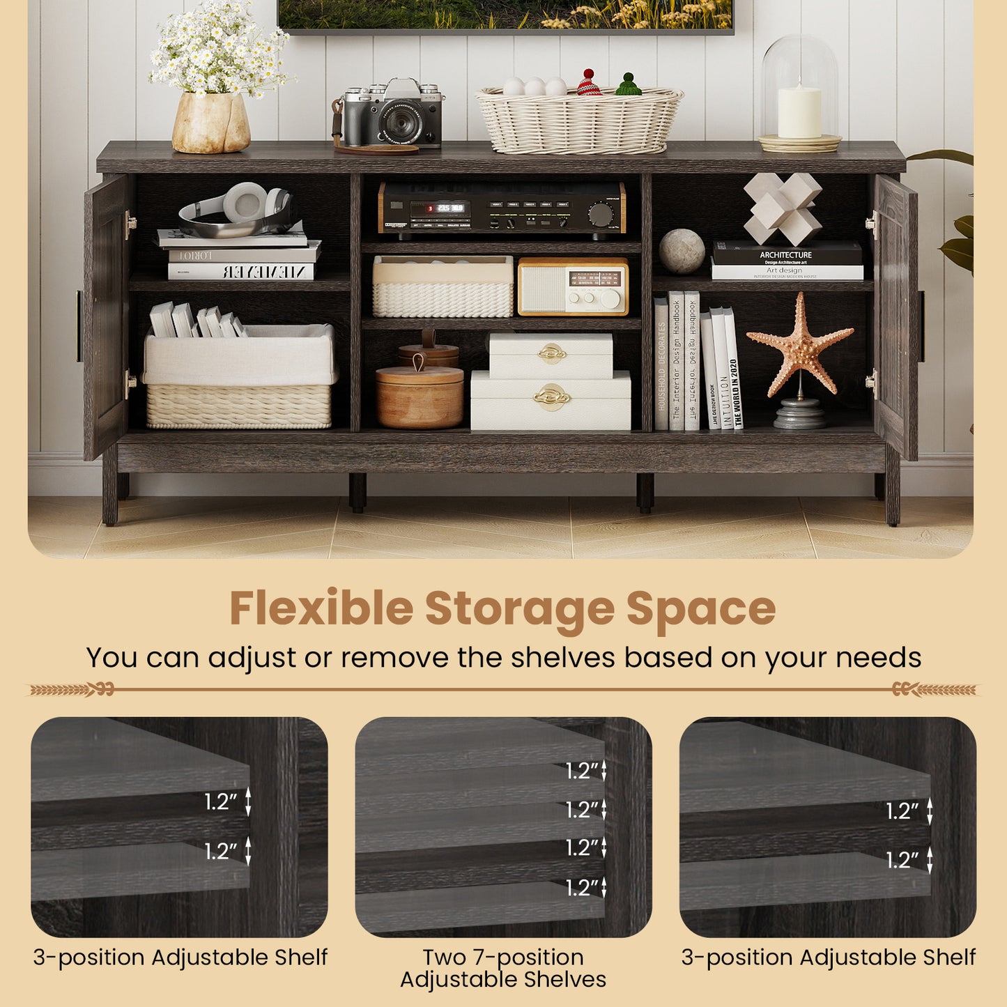 Farmhouse TV Stand for TVs up to 65 Inch Entertainment Center with 2 Storage Cabinets-Gray