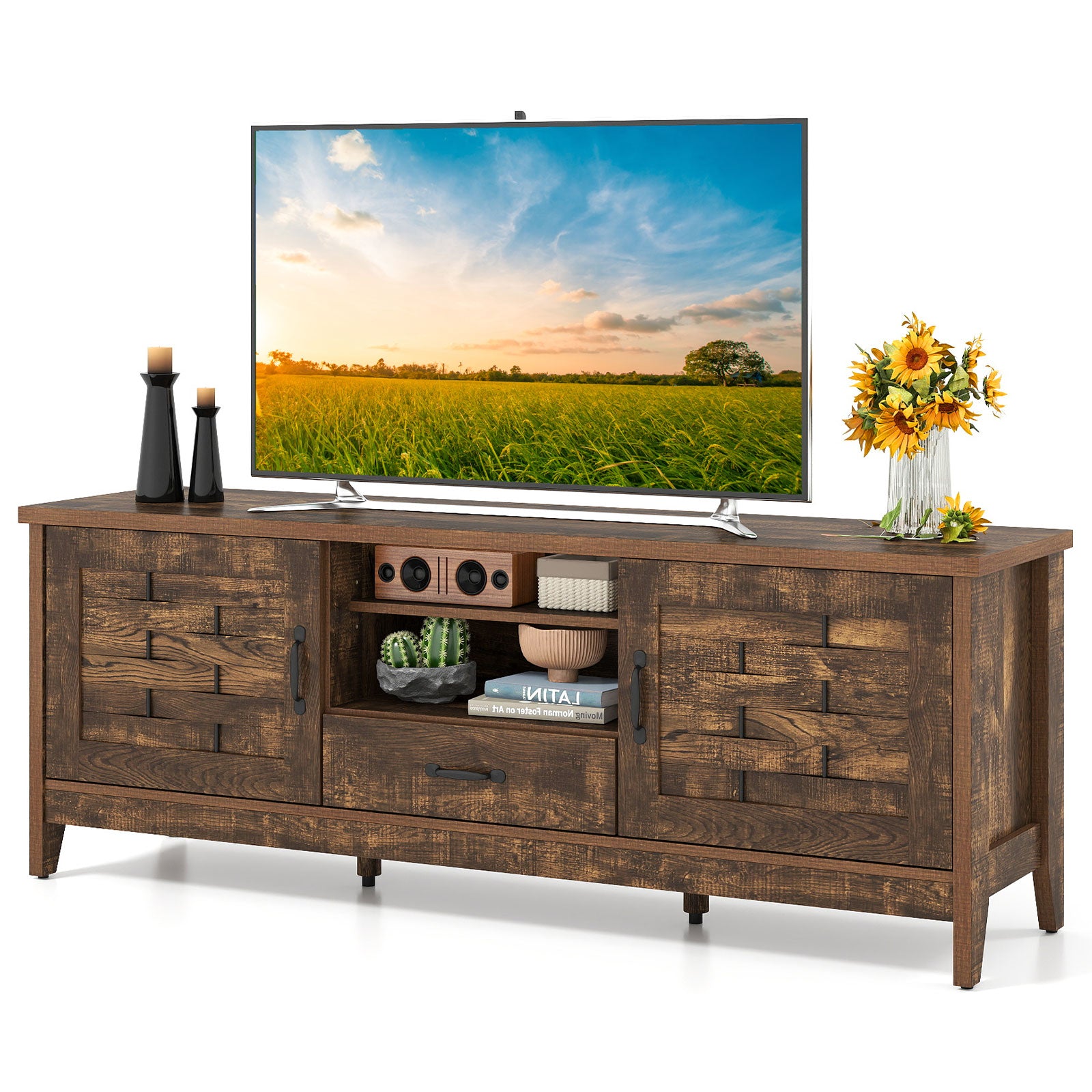 Farmhouse TV Stand for 65 Inch TVs with 2 Woven Accent Doors and 3 Adjustable Shelves-Rustic Brown