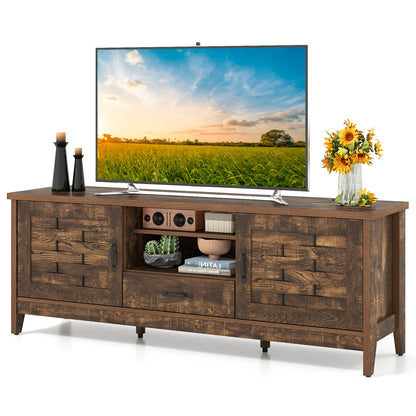 Farmhouse TV Stand for 65 Inch TVs with 2 Woven Accent Doors and 3 Adjustable Shelves-Rustic Brown