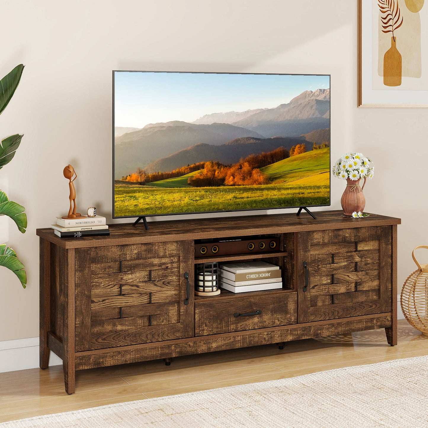 Farmhouse TV Stand for 65 Inch TVs with 2 Woven Accent Doors and 3 Adjustable Shelves-Rustic Brown