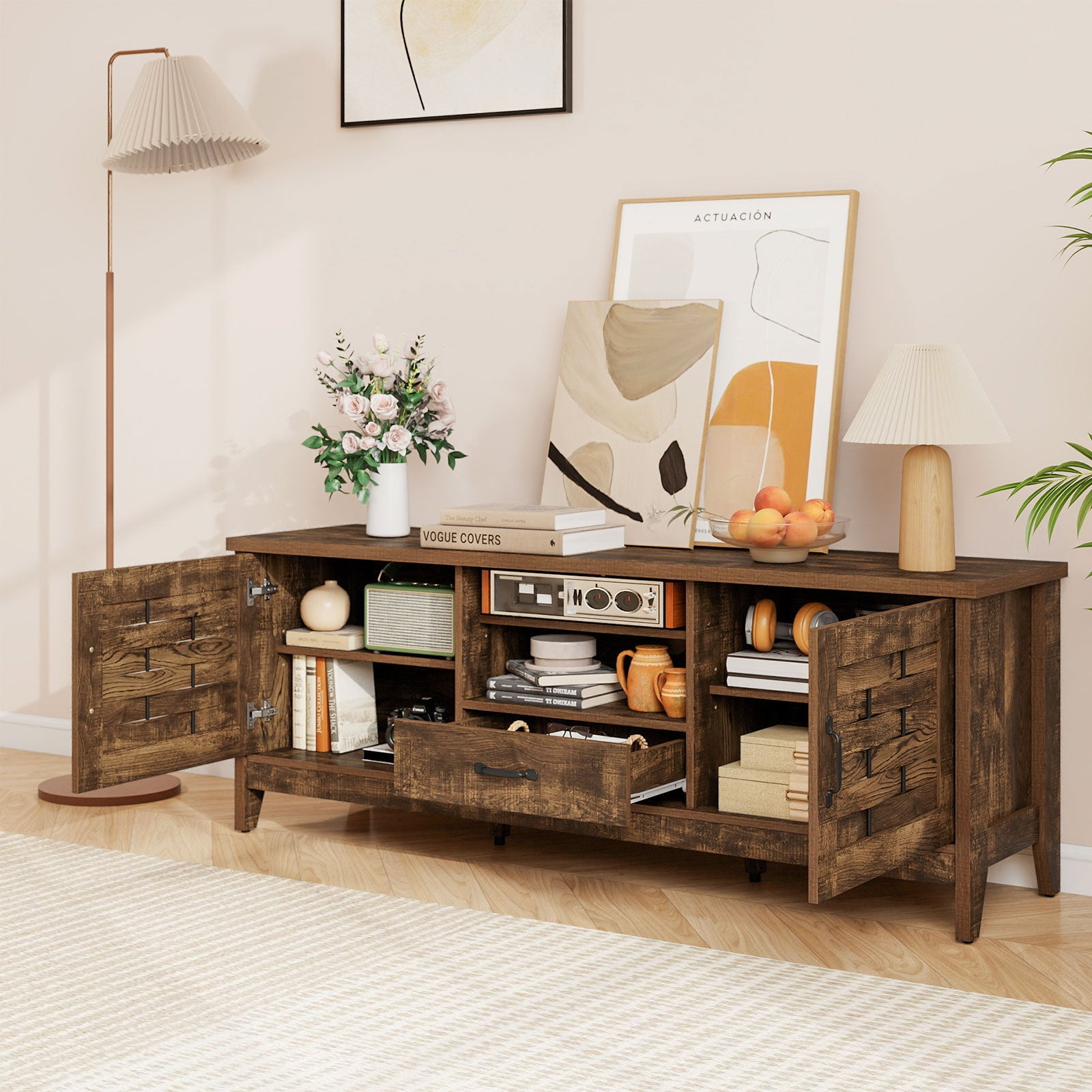 Farmhouse TV Stand for 65 Inch TVs with 2 Woven Accent Doors and 3 Adjustable Shelves-Rustic Brown