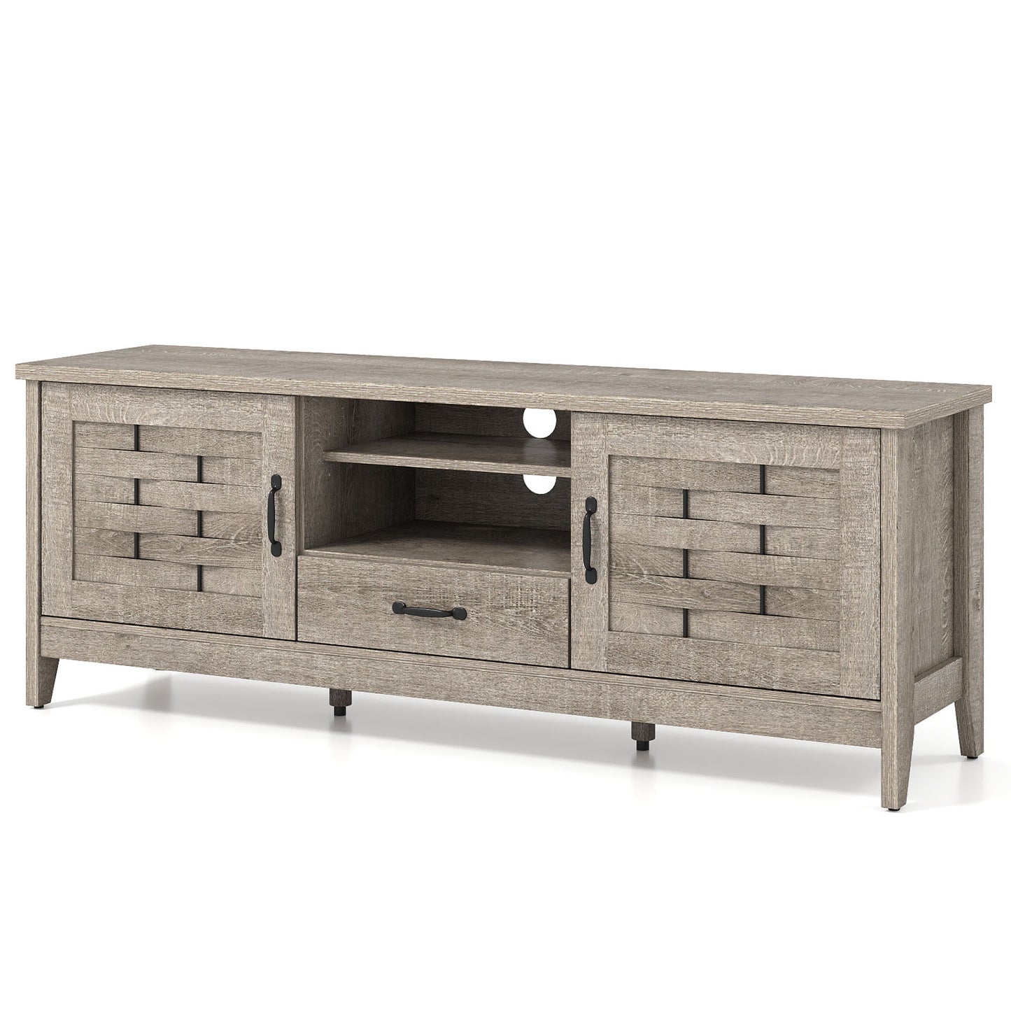 Farmhouse TV Stand for 65 Inch TVs with 2 Woven Accent Doors and 3 Adjustable Shelves-Oak
