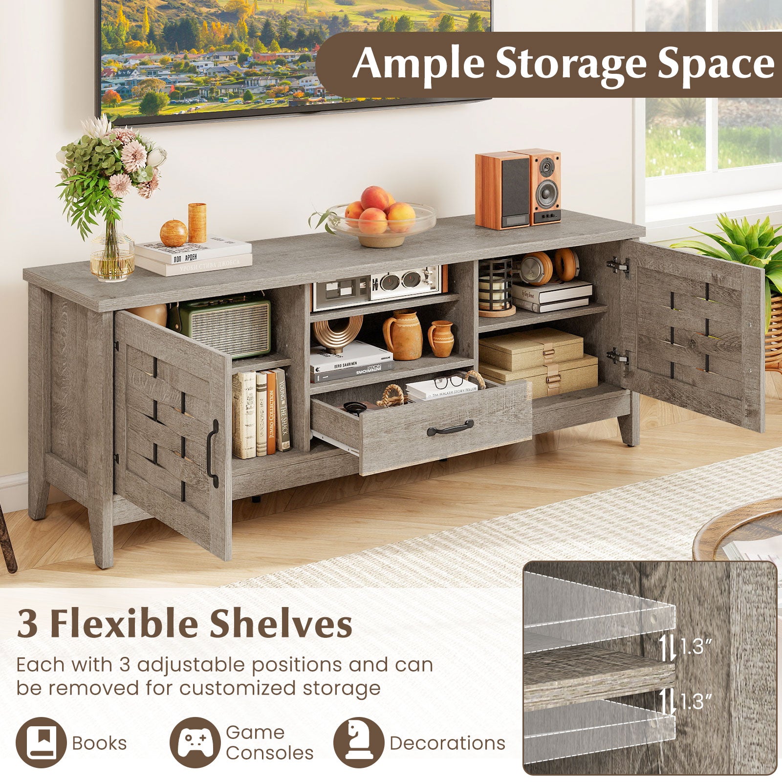 Farmhouse TV Stand for 65 Inch TVs with 2 Woven Accent Doors and 3 Adjustable Shelves-Oak