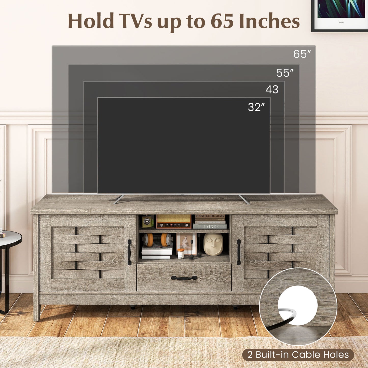 Farmhouse TV Stand for 65 Inch TVs with 2 Woven Accent Doors and 3 Adjustable Shelves-Oak