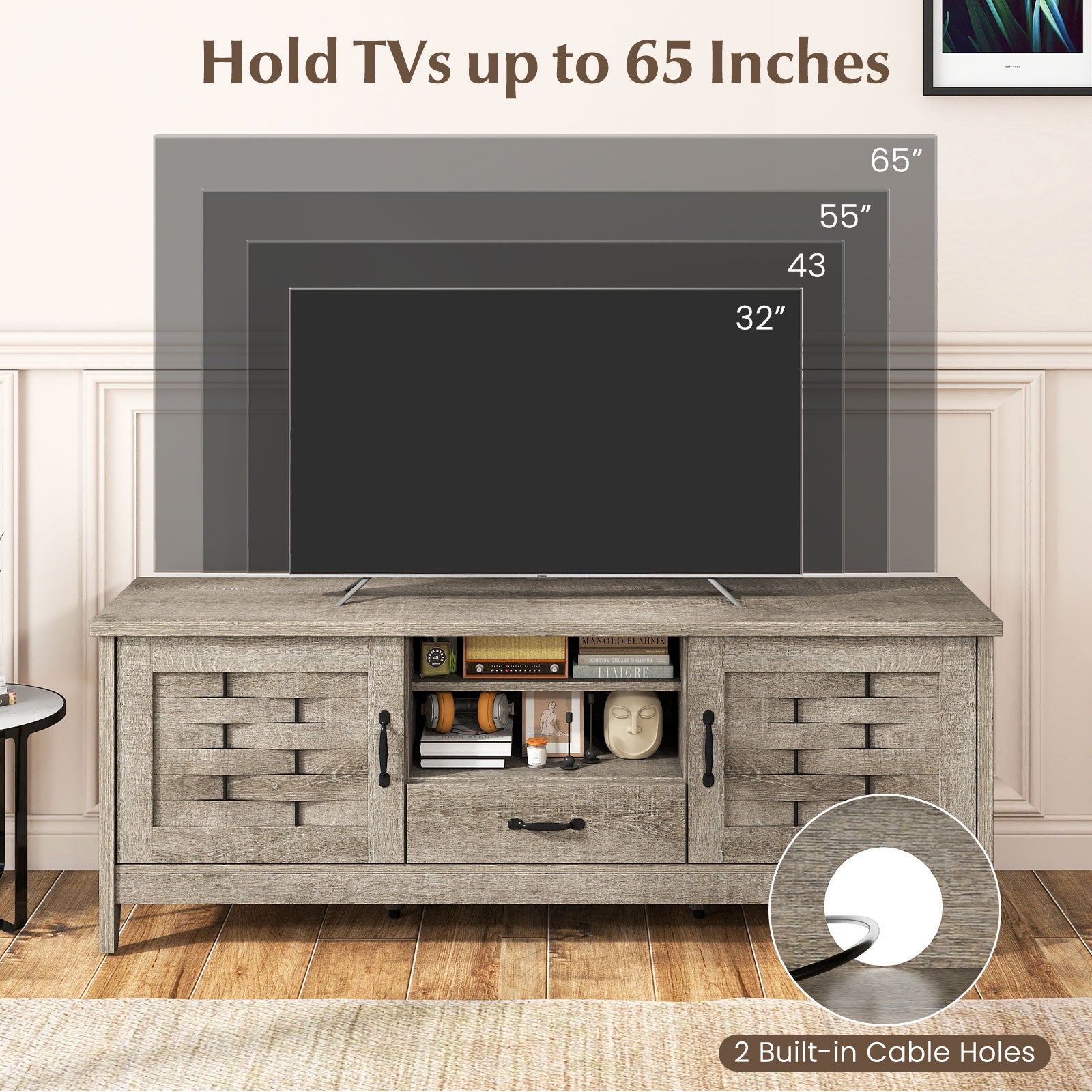 Farmhouse TV Stand for 65 Inch TVs with 2 Woven Accent Doors and 3 Adjustable Shelves-Oak