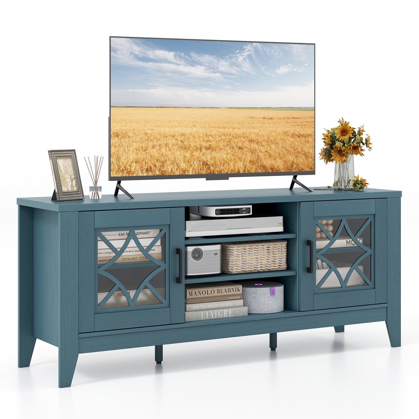 Farmhouse TV Stand for TVs Up to 65 Inches 4 Adjustable Shelves-Black - Teal Blue