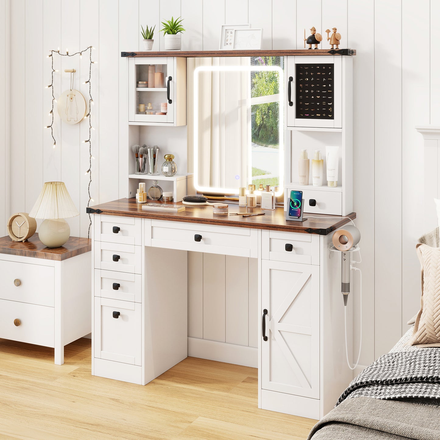 Farmhouse Vanity Desk with Lighted Mirror and 3 Doors-White