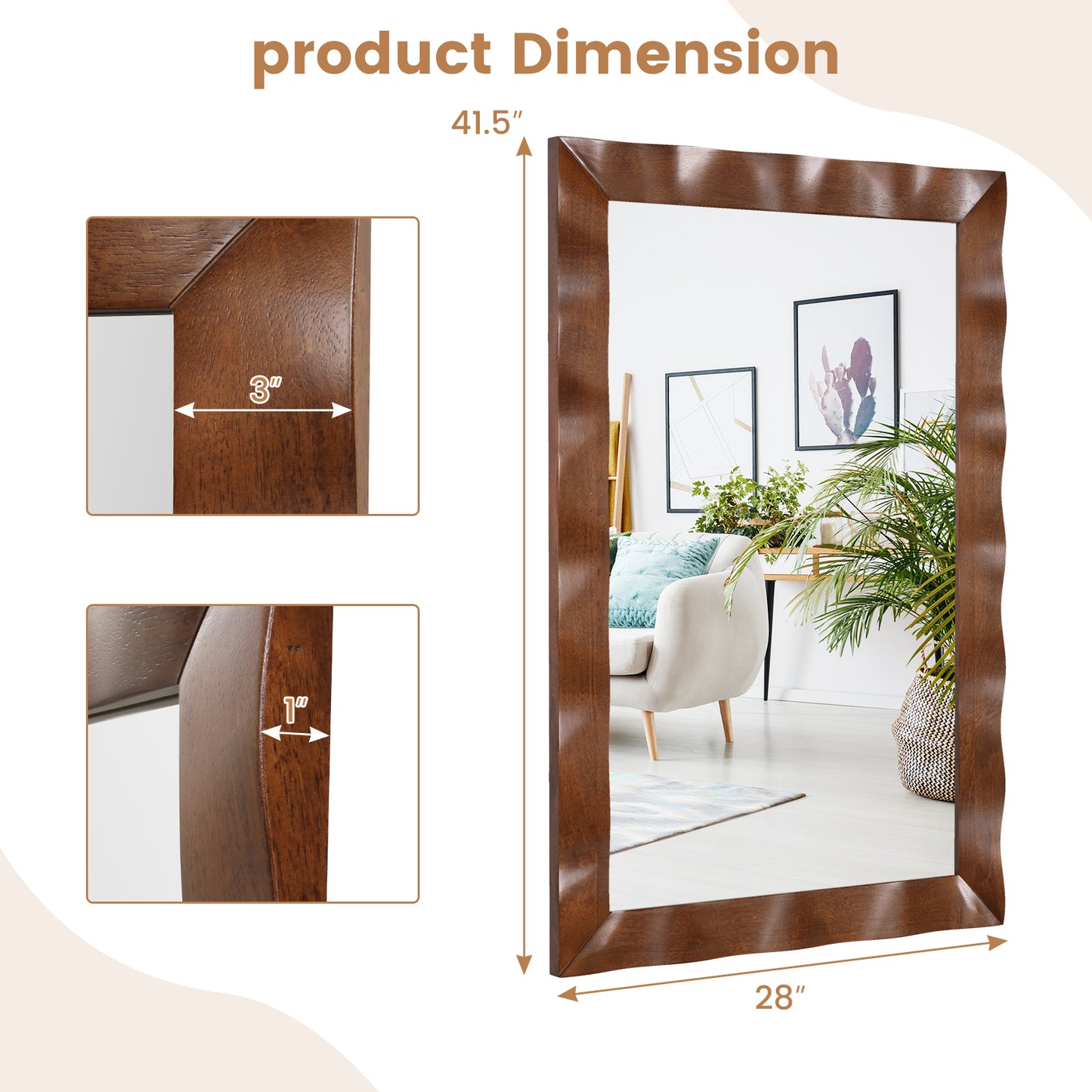 41.5 x 28 inches Farmhouse Wall Mirror with Solid Wood Frame