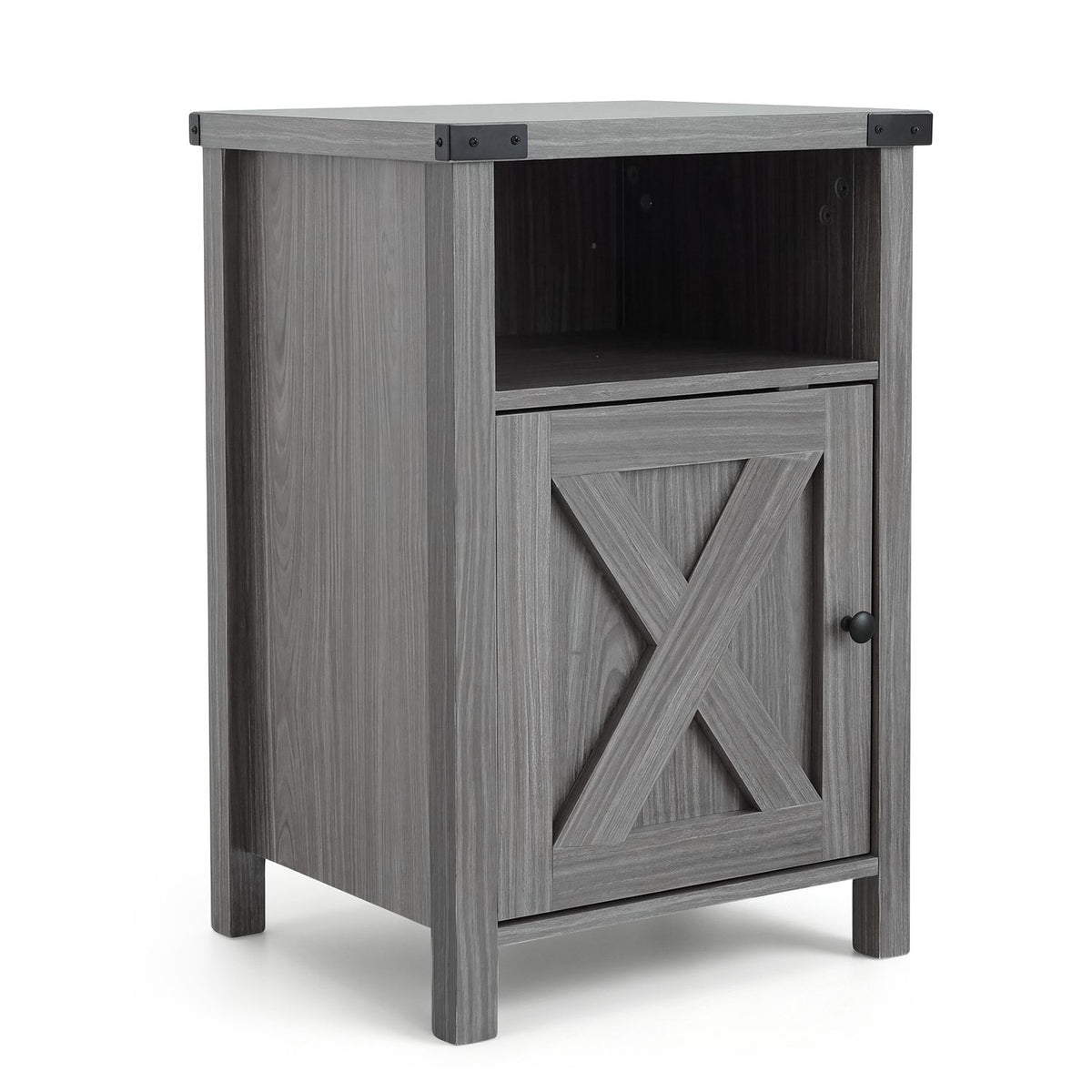 Farmhouse Wooden Nightstand with Barn Door and Storage Cabinet
