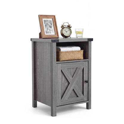 Farmhouse Wooden Nightstand with Barn Door and Storage Cabinet