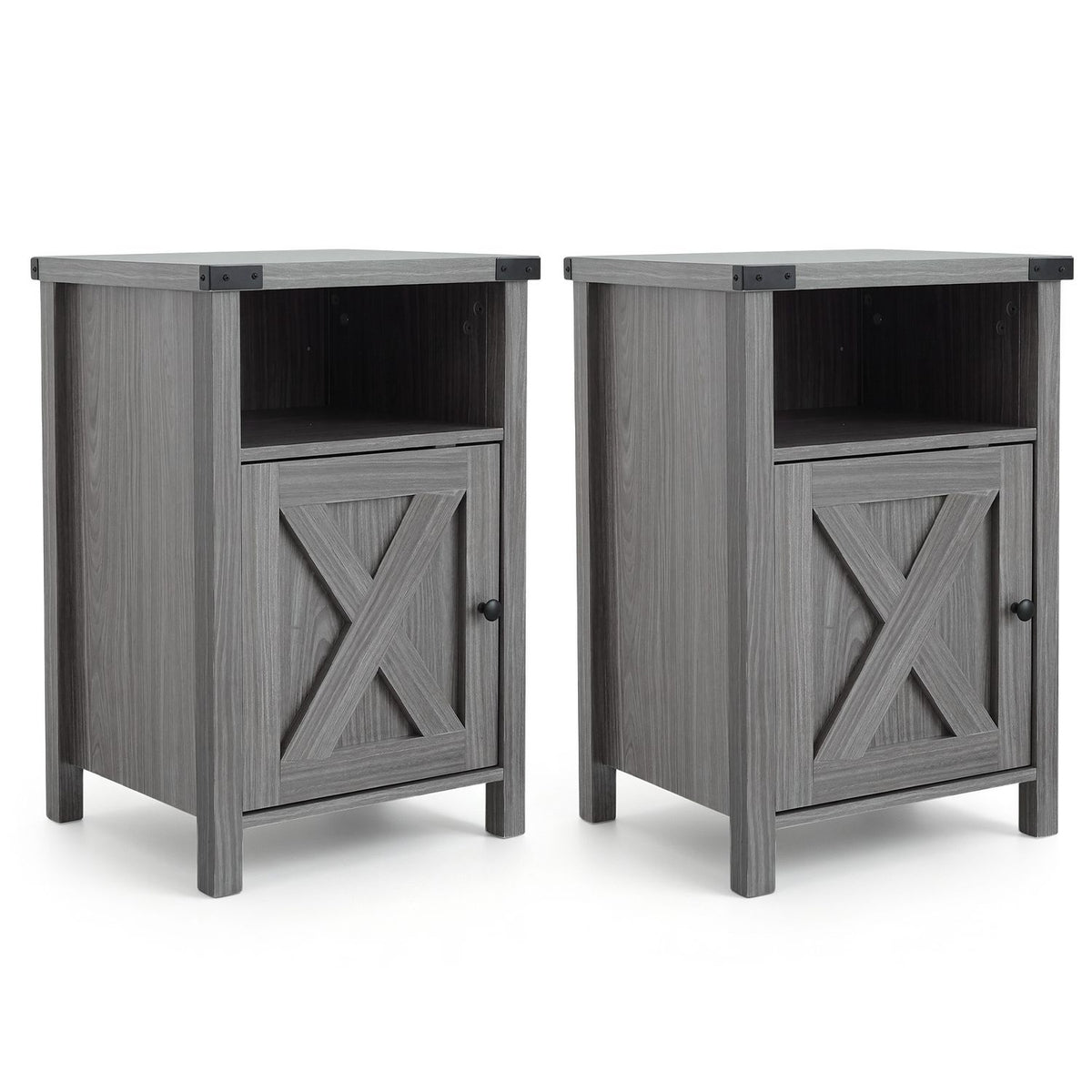 Farmhouse Wooden Nightstand with Barn Door and Storage Cabinet