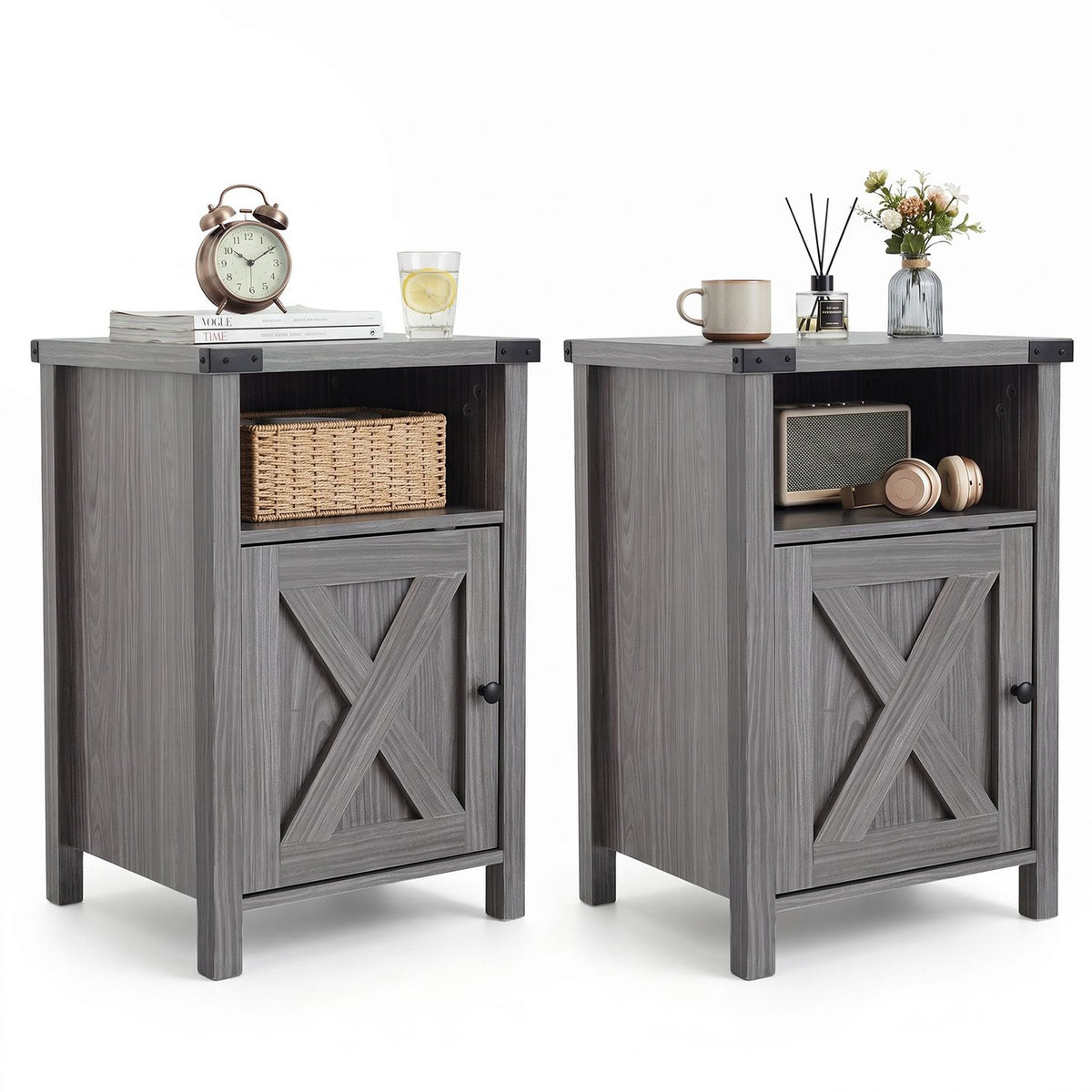 Farmhouse Wooden Nightstand with Barn Door and Storage Cabinet