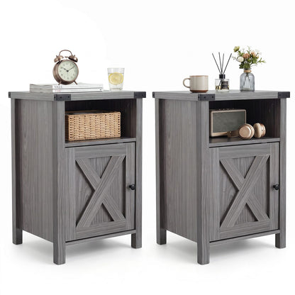 Farmhouse Wooden Nightstand with Barn Door and Storage Cabinet