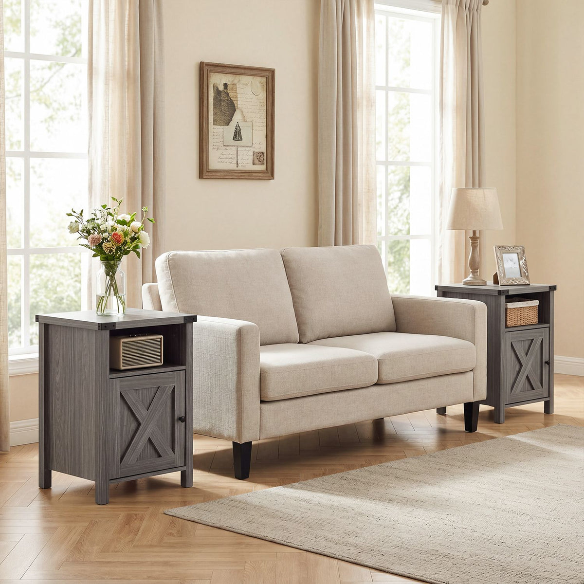 Farmhouse Wooden Nightstand with Barn Door and Storage Cabinet