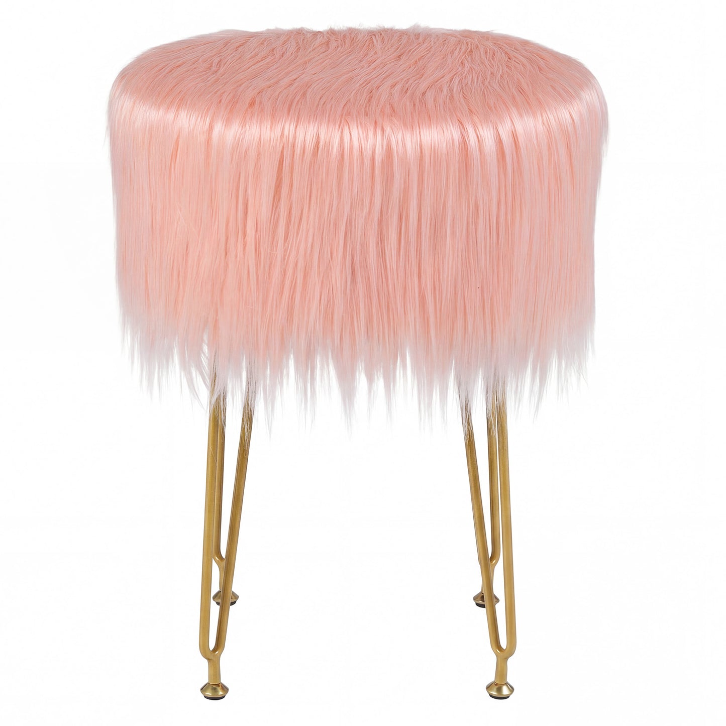 Faux Fur Vanity Stool Chair with Metal Legs for Bedroom and Living Room-Pink