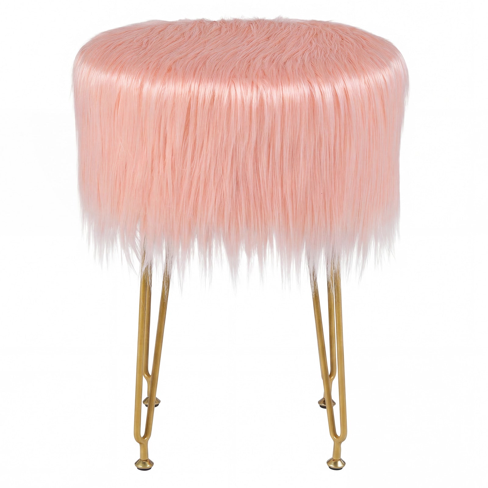 Faux Fur Vanity Stool Chair with Metal Legs for Bedroom and Living Room-Pink