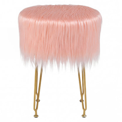 Faux Fur Vanity Stool Chair with Metal Legs for Bedroom and Living Room-Pink