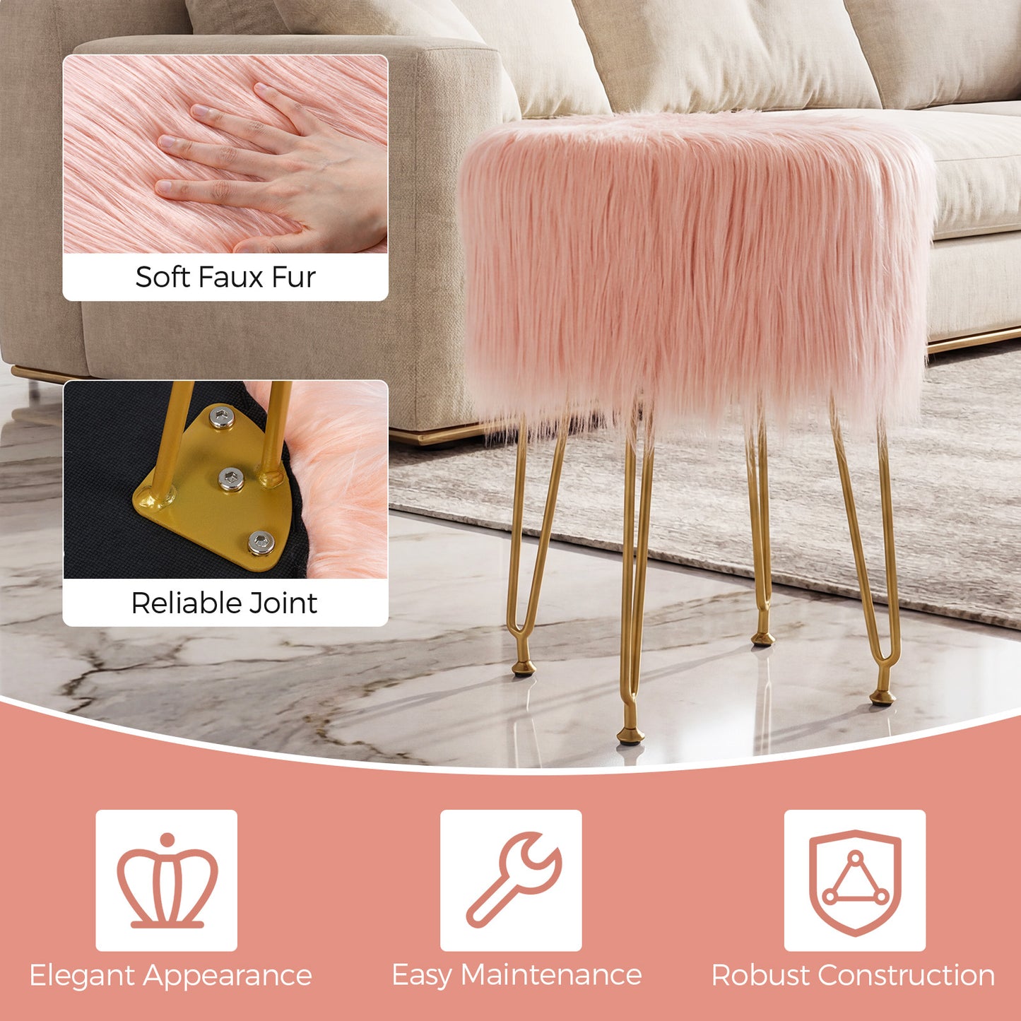 Faux Fur Vanity Stool Chair with Metal Legs for Bedroom and Living Room-Pink