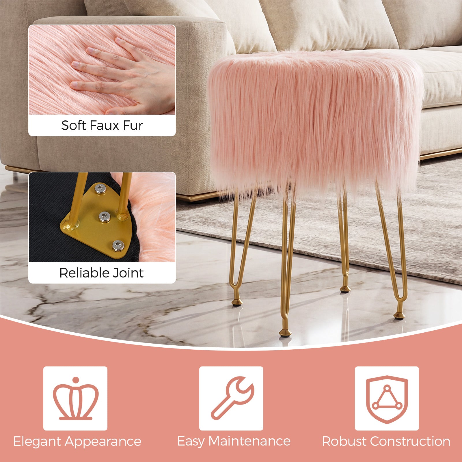 Faux Fur Vanity Stool Chair with Metal Legs for Bedroom and Living Room-Pink