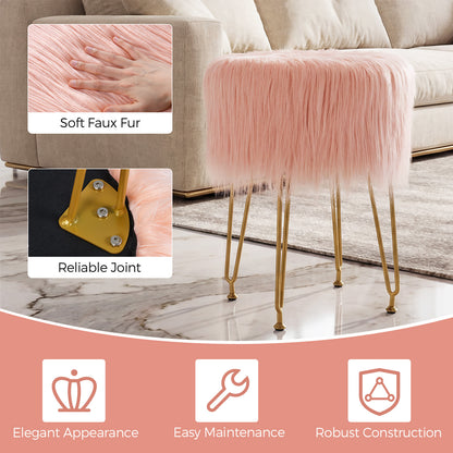 Faux Fur Vanity Stool Chair with Metal Legs for Bedroom and Living Room-Pink
