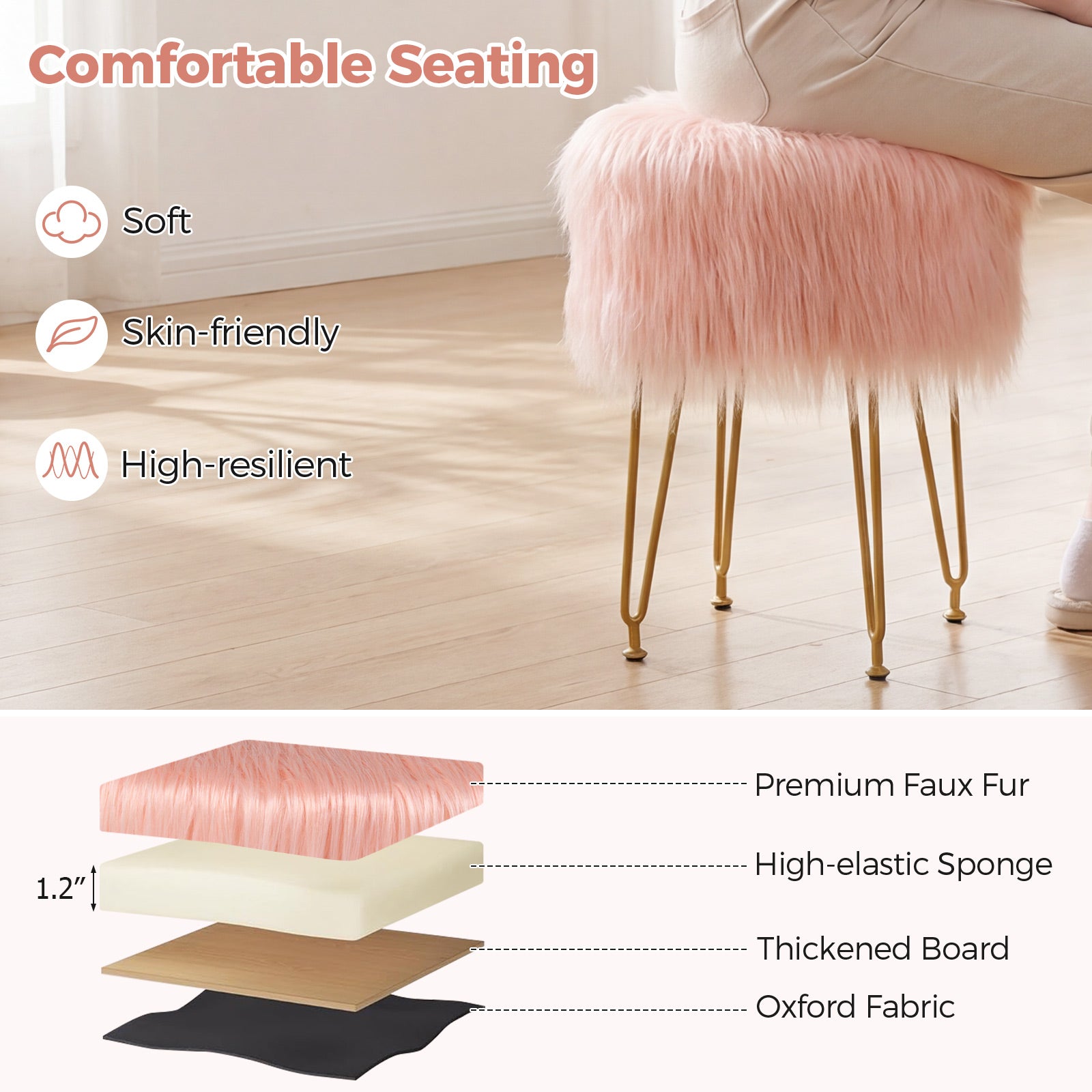 Faux Fur Vanity Stool Chair with Metal Legs for Bedroom and Living Room-Pink