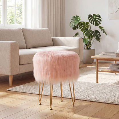 Faux Fur Vanity Stool Chair with Metal Legs for Bedroom and Living Room-Pink